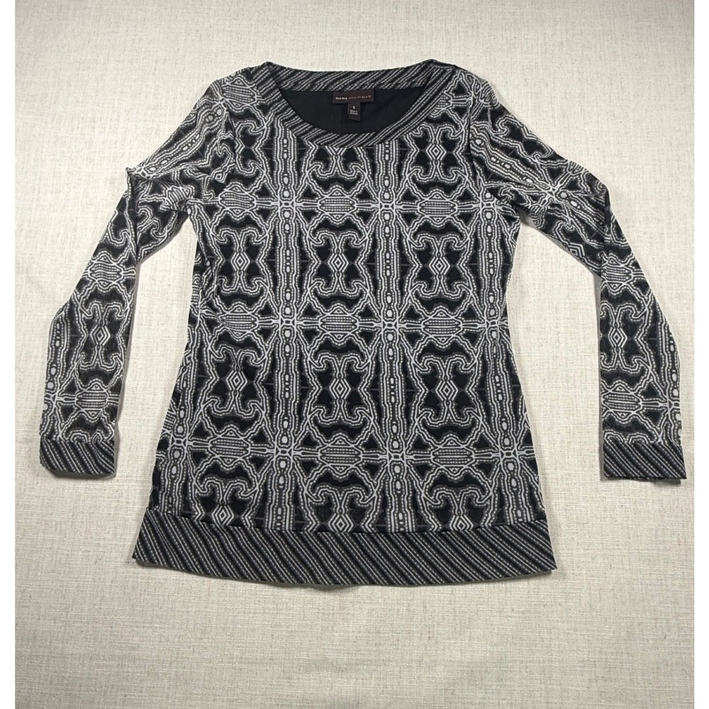 Dana Buchman Womens Small Black White Geometric Long Sleeve Lined Blouse Top